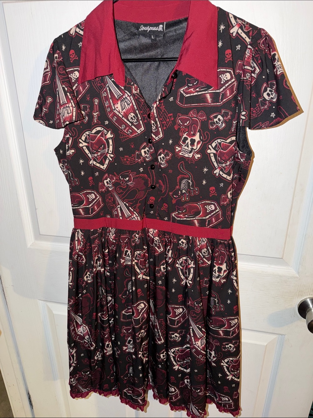 Sourpuss Black and Wine Skull & Coffin Fit-and-Flare Dress